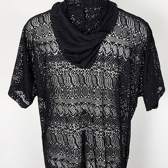 Beach Pool Cover-Up  Black Crochet Dress Hoodie Full Zip Up Short Sleeves Sz S/M - Picture 2 of 12